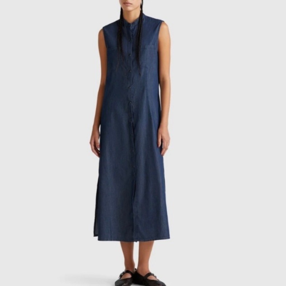 United Colors of Benetton Women Navy Cotton Sleeveless Maxi Button Front Dress L